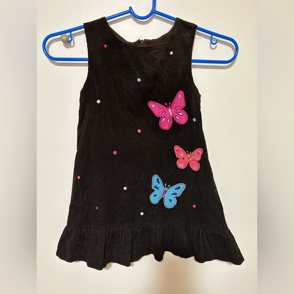 Brown corduroy jumper dress embroidered with colorful butterflies, Girl size : 4